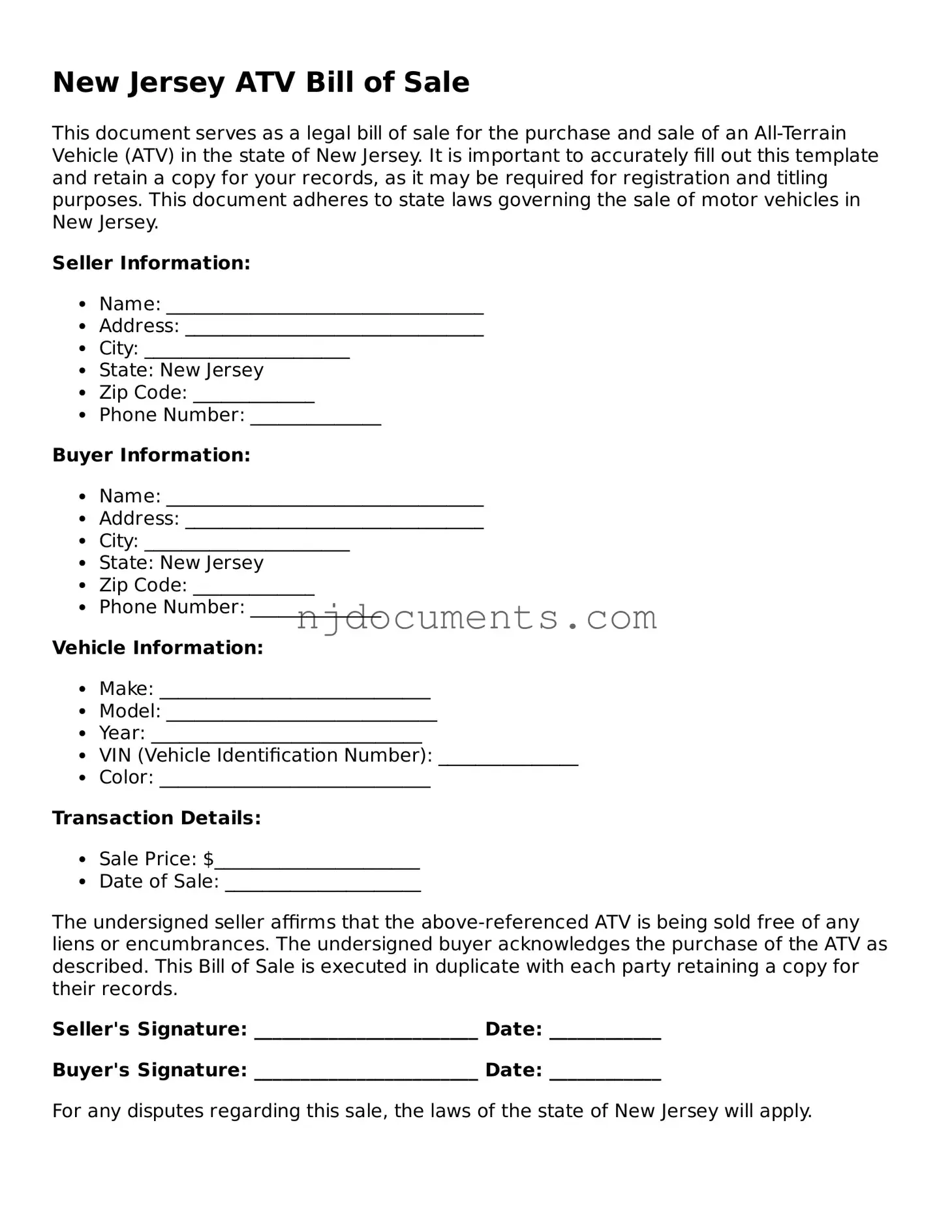 New Jersey ATV Bill of Sale Document