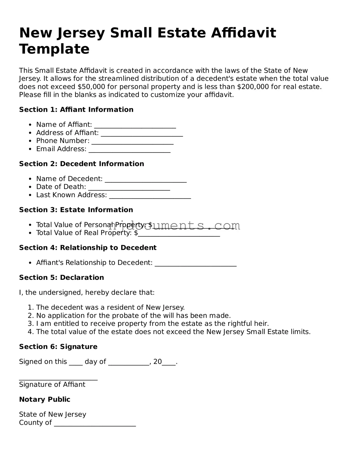 New Jersey Small Estate Affidavit Document