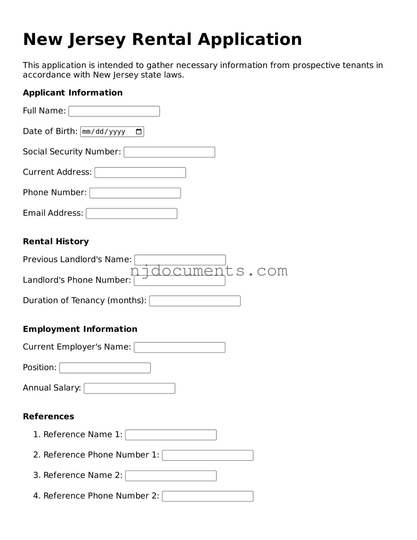 New Jersey Rental Application Document