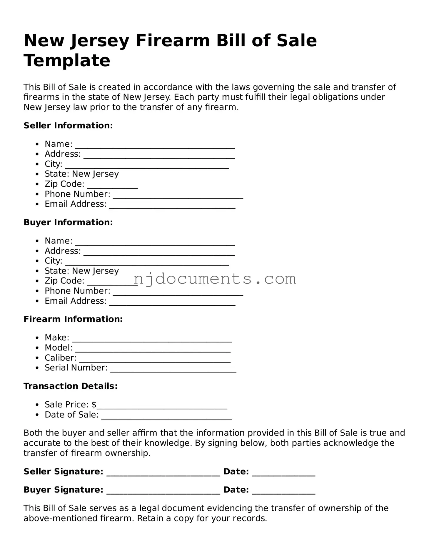 New Jersey Firearm Bill of Sale Document