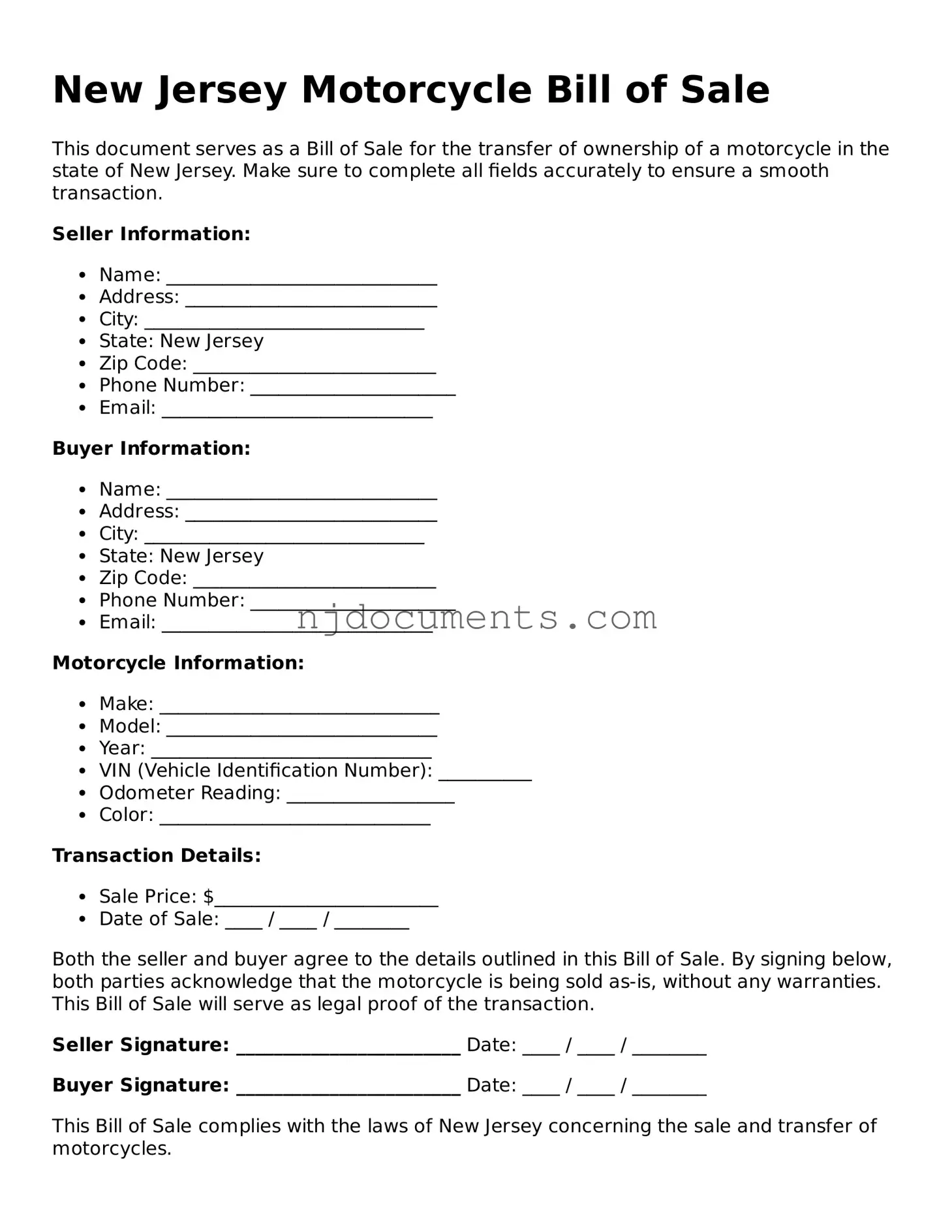 New Jersey Motorcycle Bill of Sale Document
