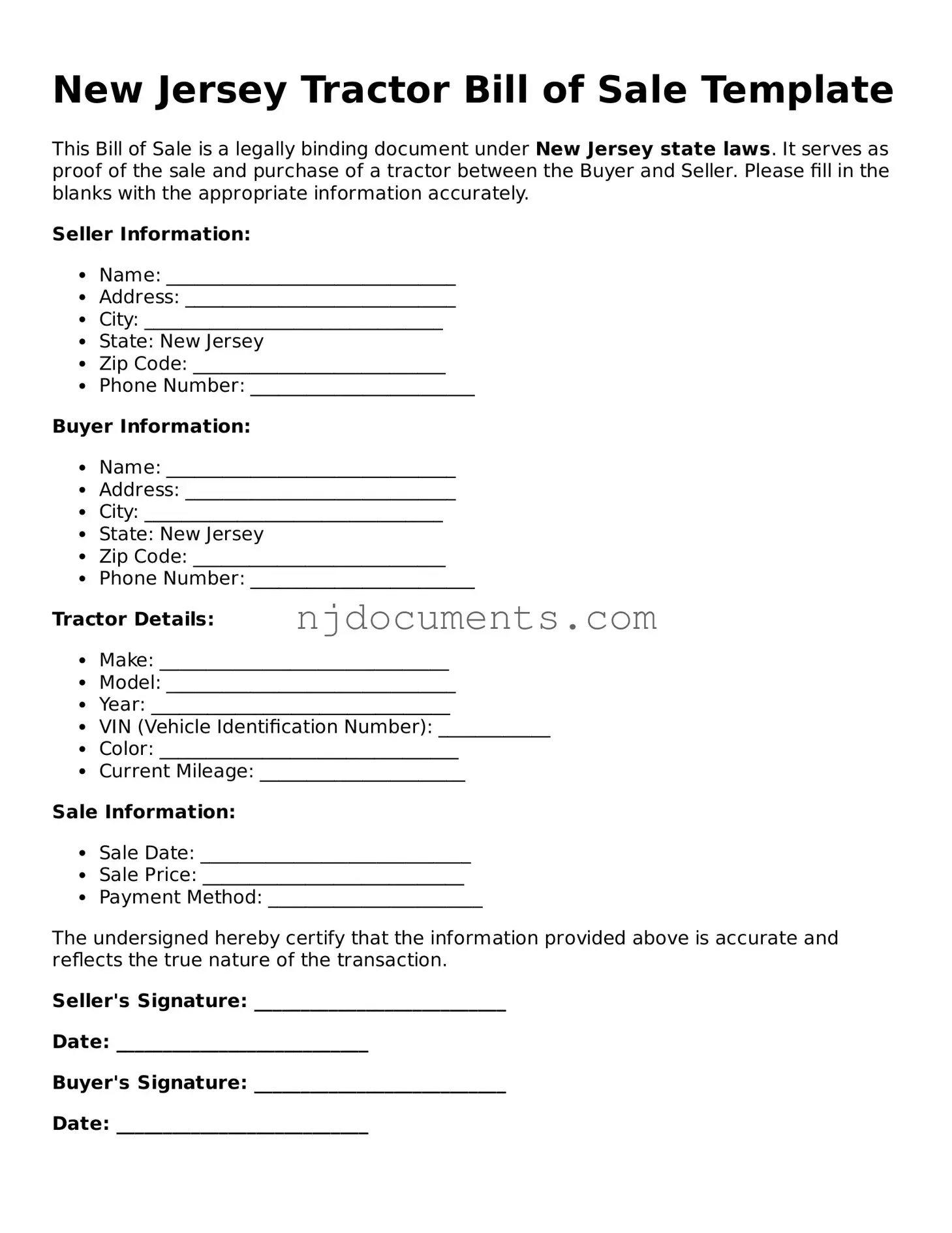 New Jersey Tractor Bill of Sale Document