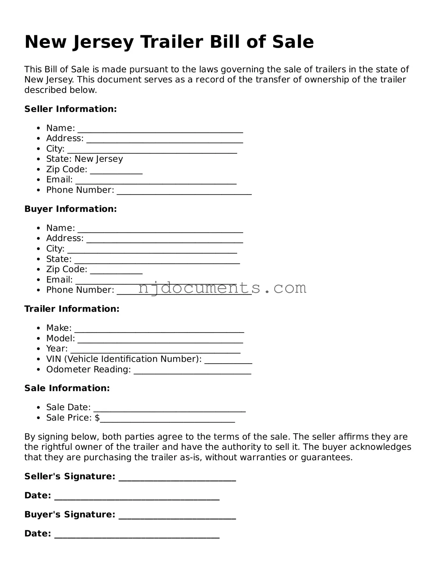 New Jersey Trailer Bill of Sale Document