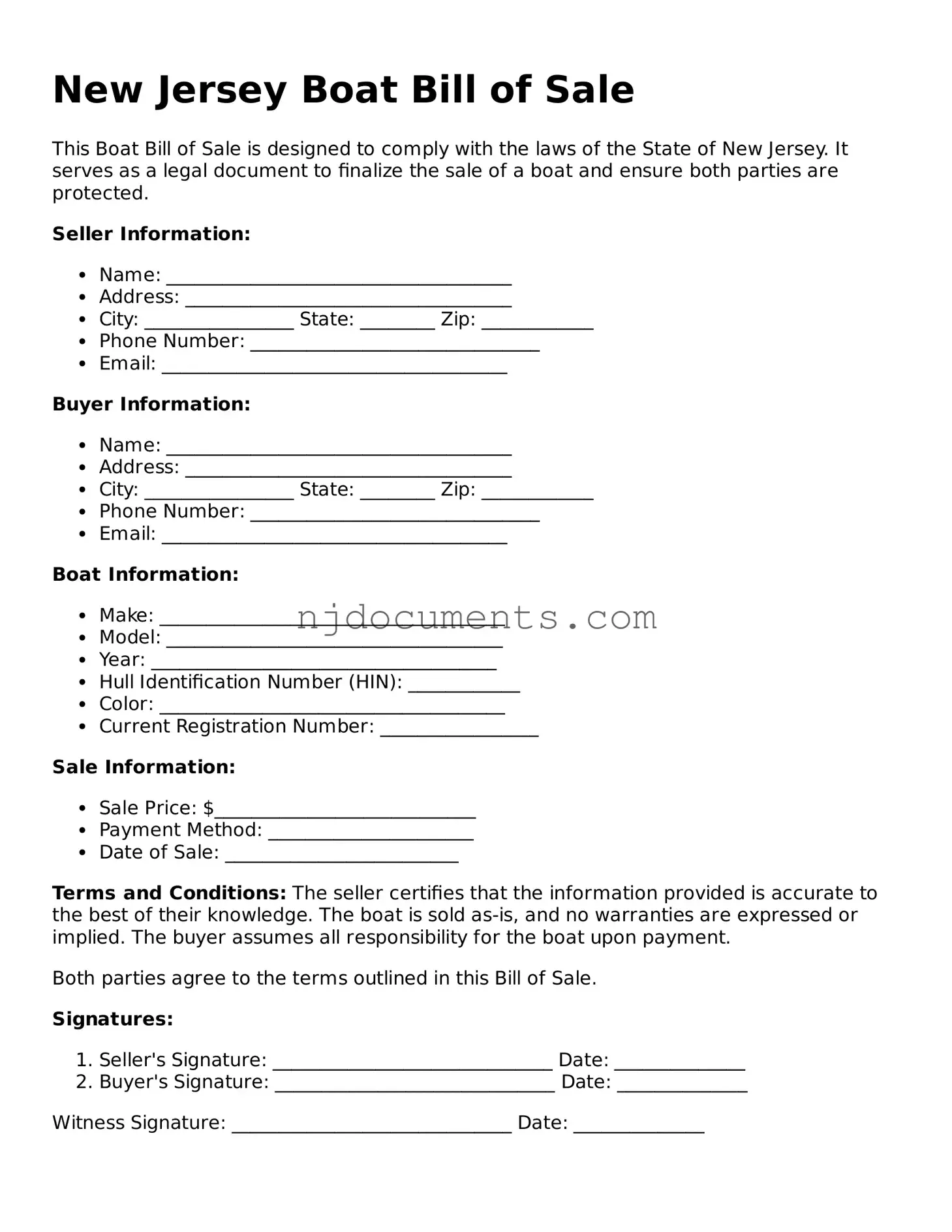 New Jersey Boat Bill of Sale Document