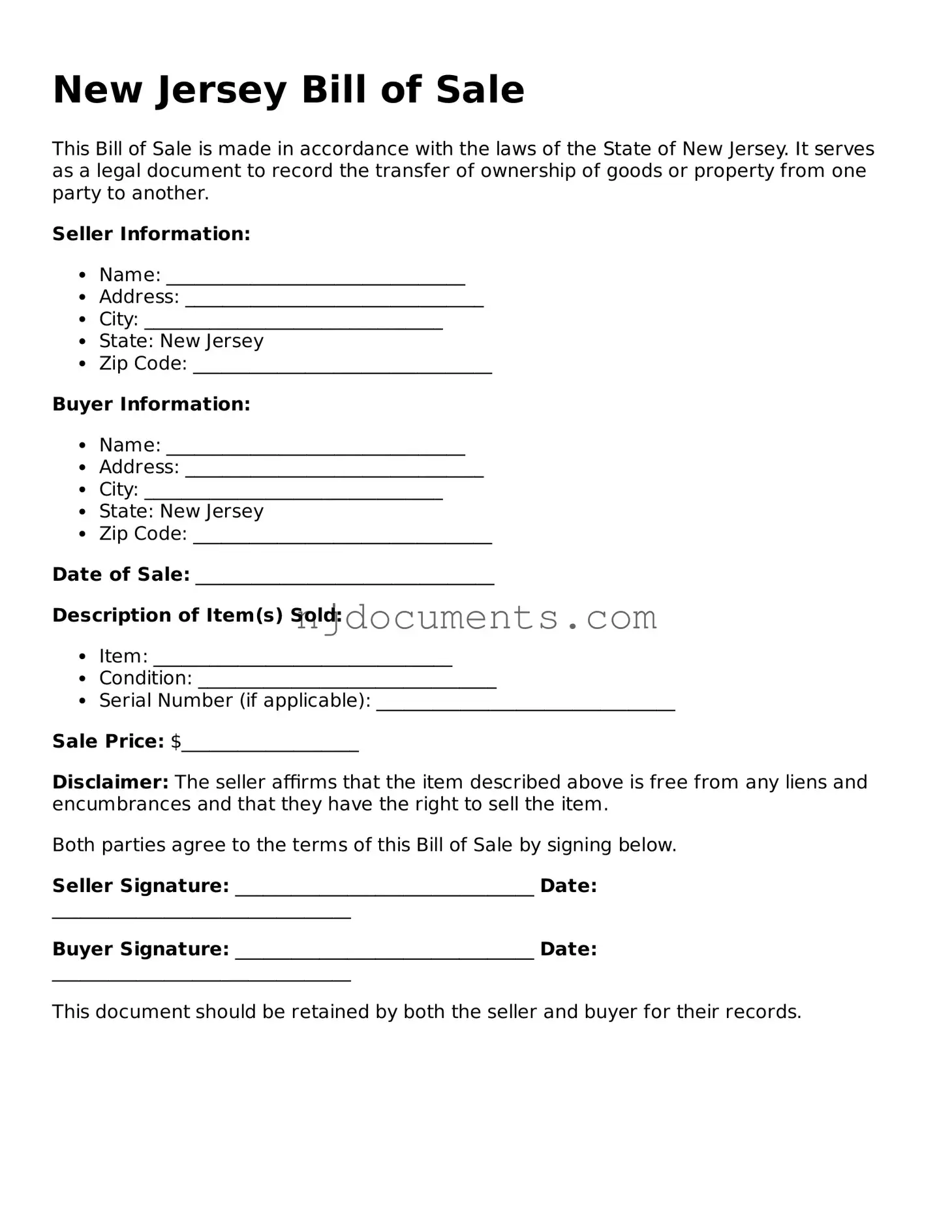 New Jersey Bill of Sale Document