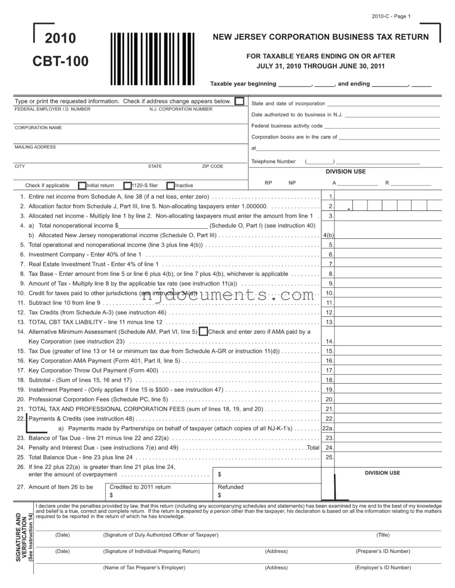 Free New Jersey Cbt 100 Form in PDF
