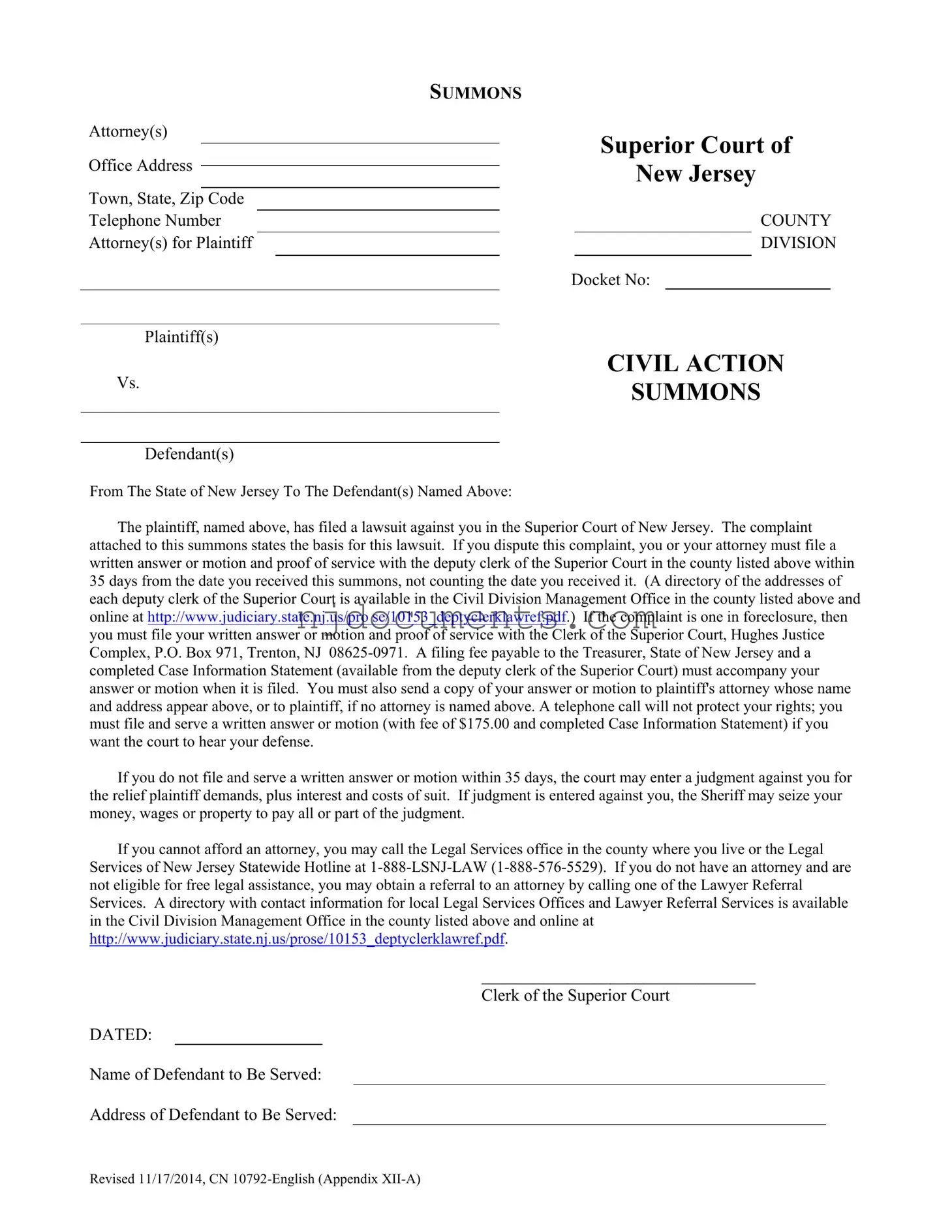 Free New Jersey Civil Form in PDF