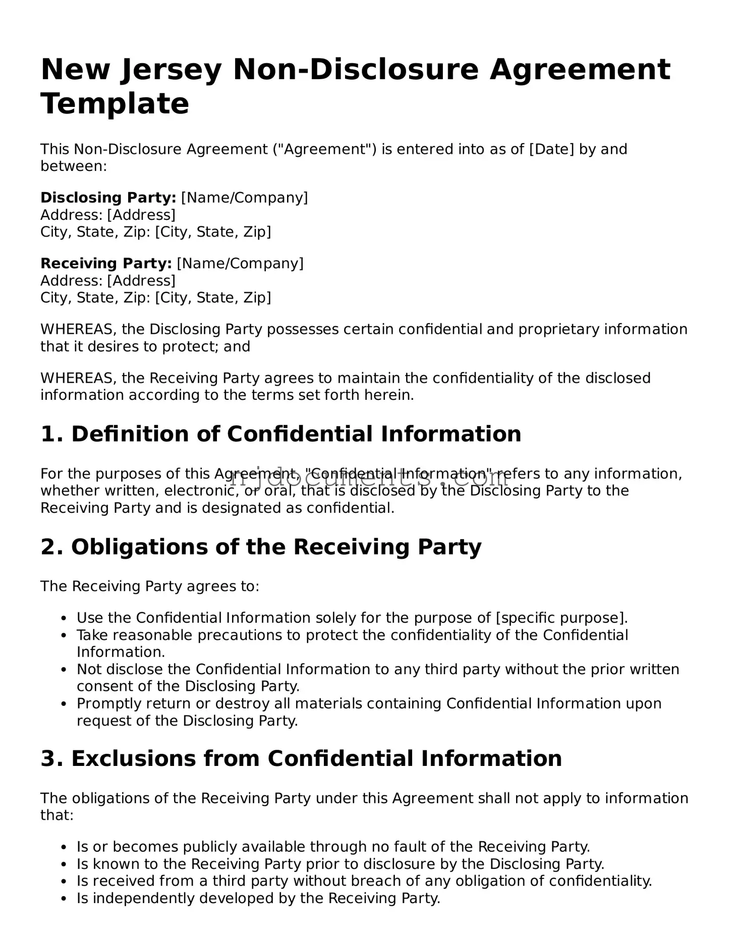 New Jersey Non-disclosure Agreement Document