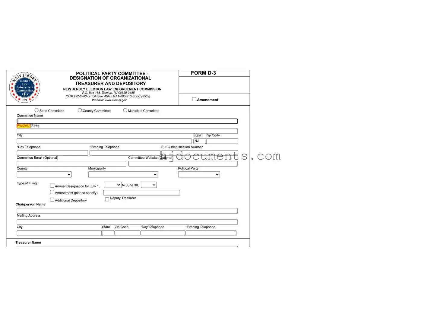 Free New Jersey D 3 Form in PDF