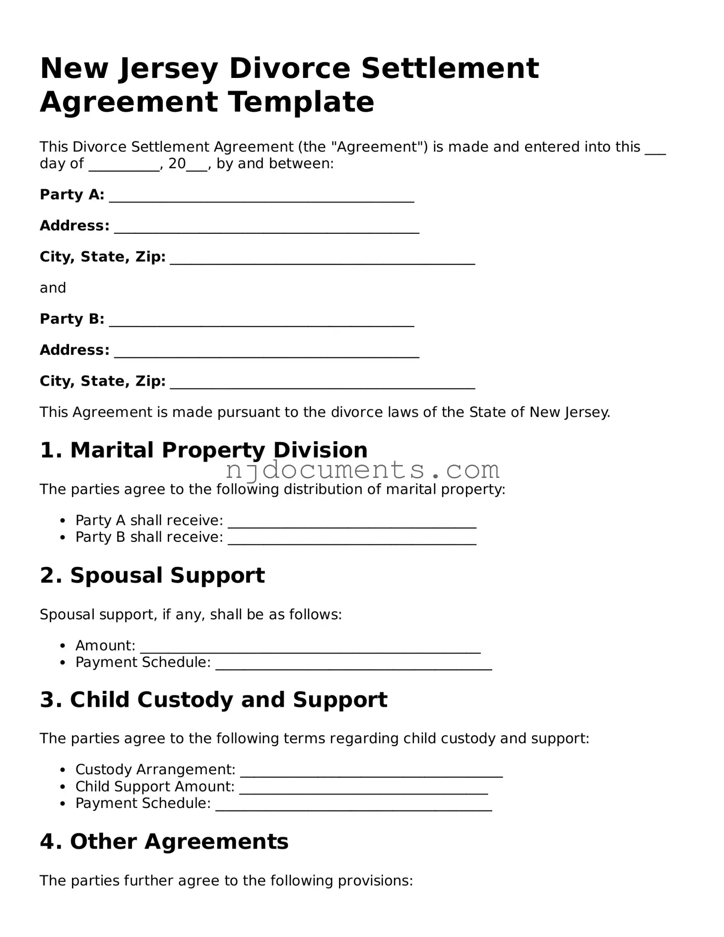New Jersey Divorce Settlement Agreement Document