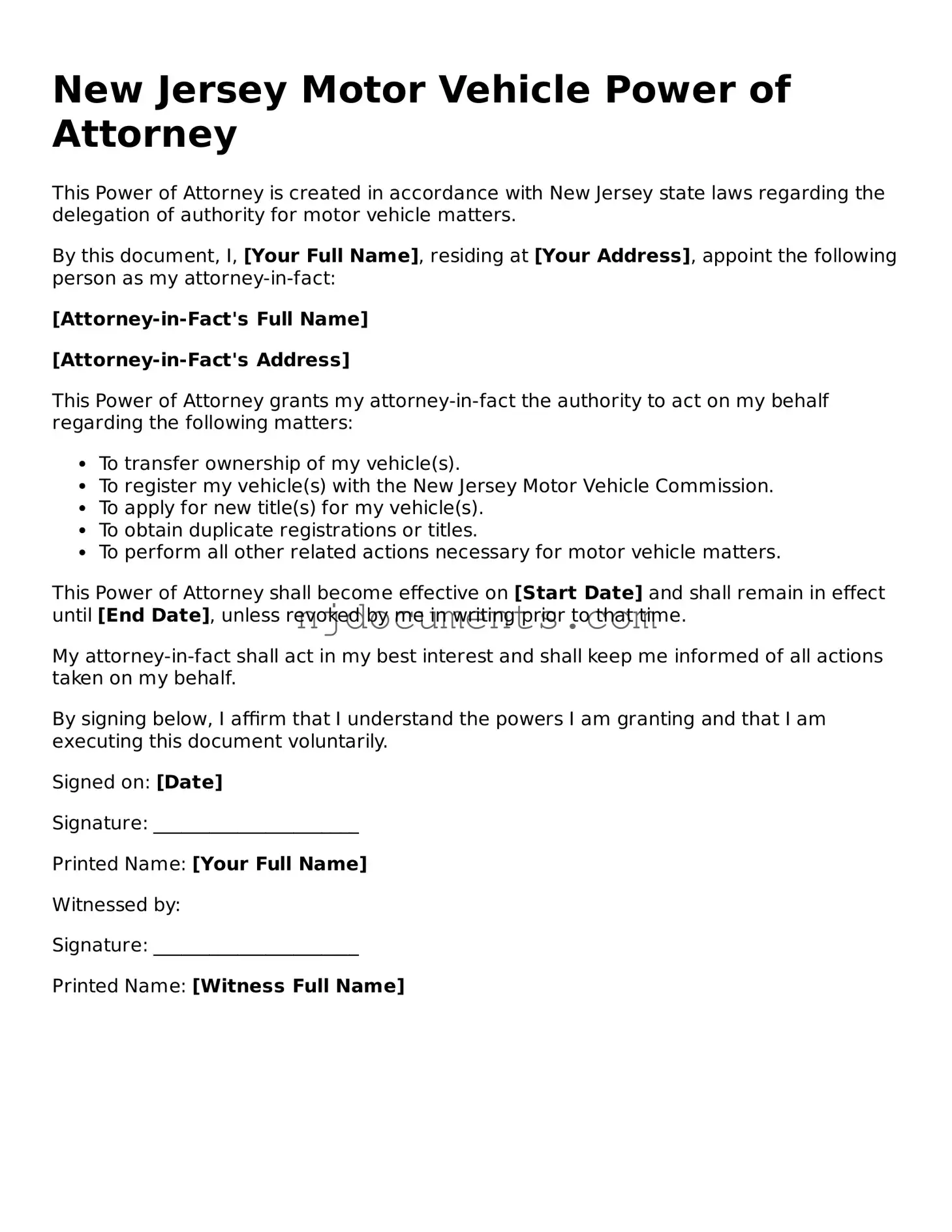 New Jersey Motor Vehicle Power of Attorney Document