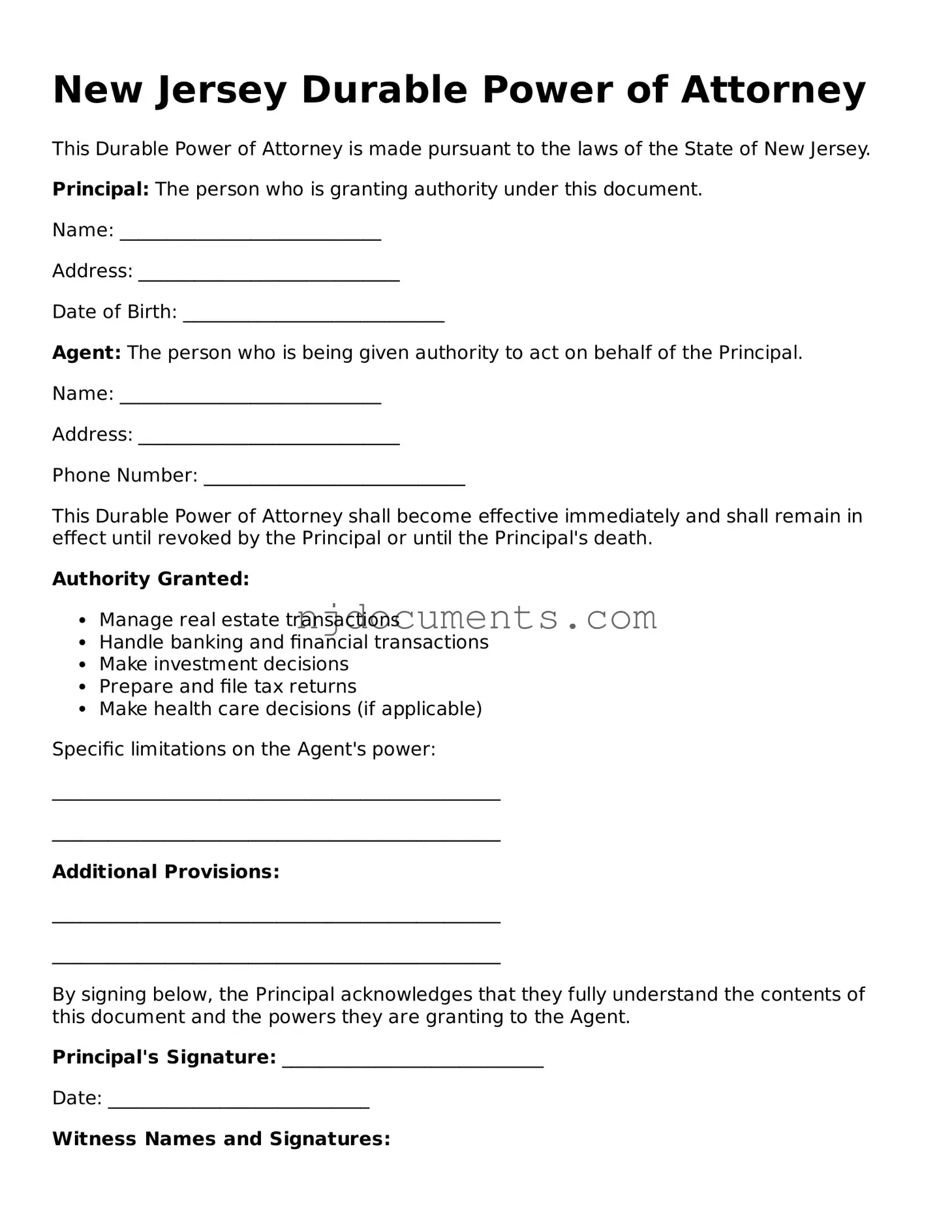 New Jersey Durable Power of Attorney Document
