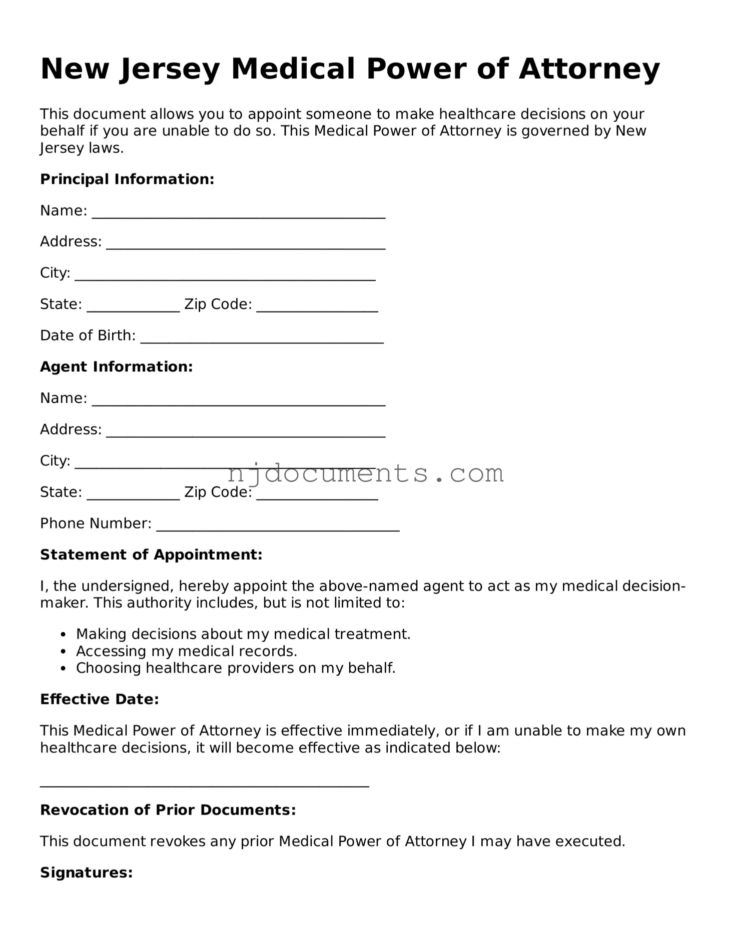 New Jersey Medical Power of Attorney Document