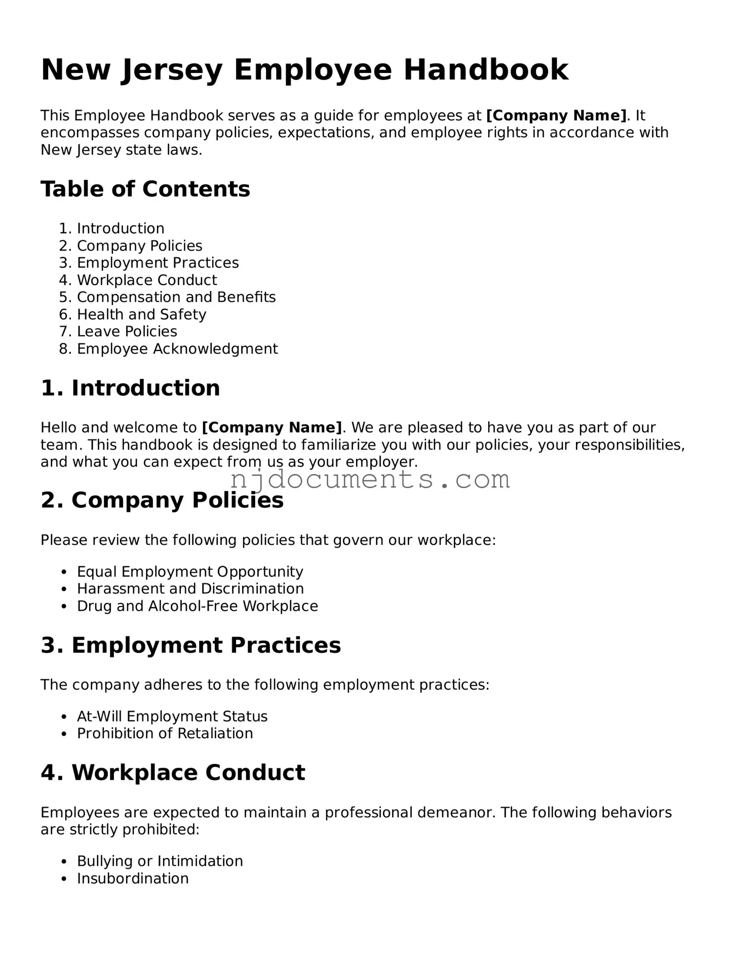 New Jersey Employee Handbook Document