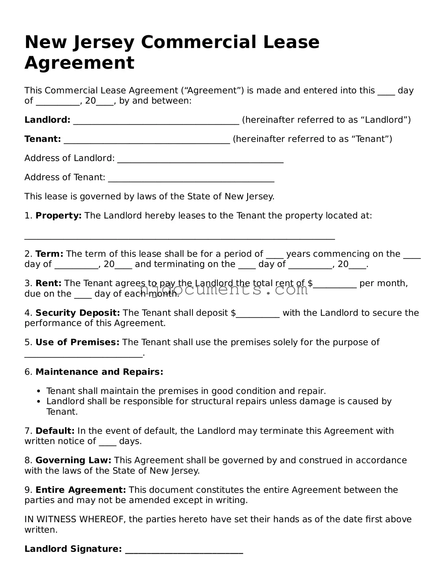 New Jersey Commercial Lease Agreement Document