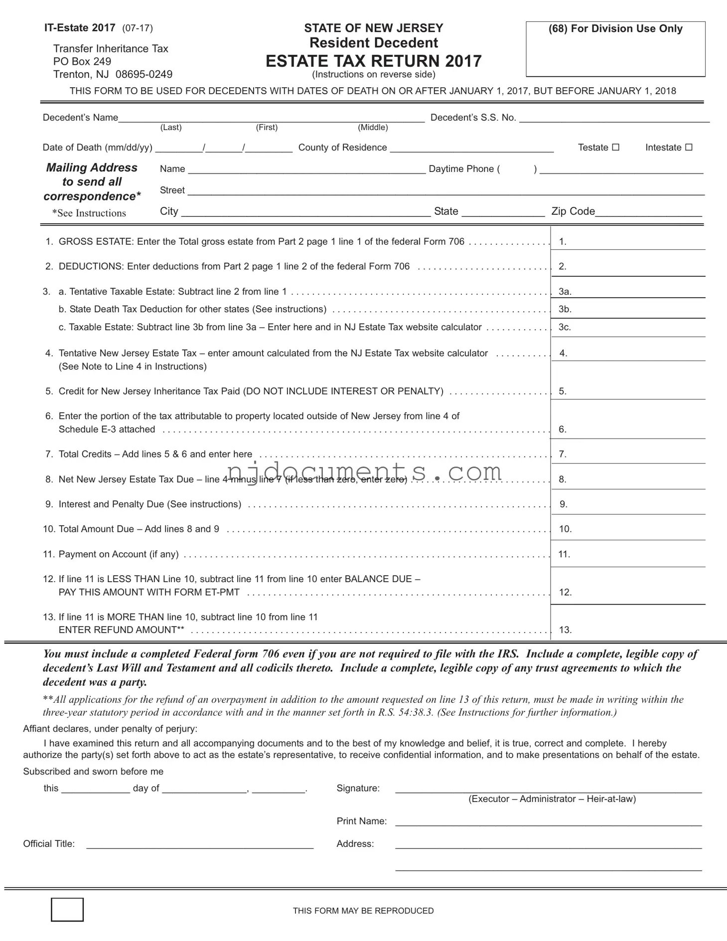 Free New Jersey Estate Tax Return Form in PDF