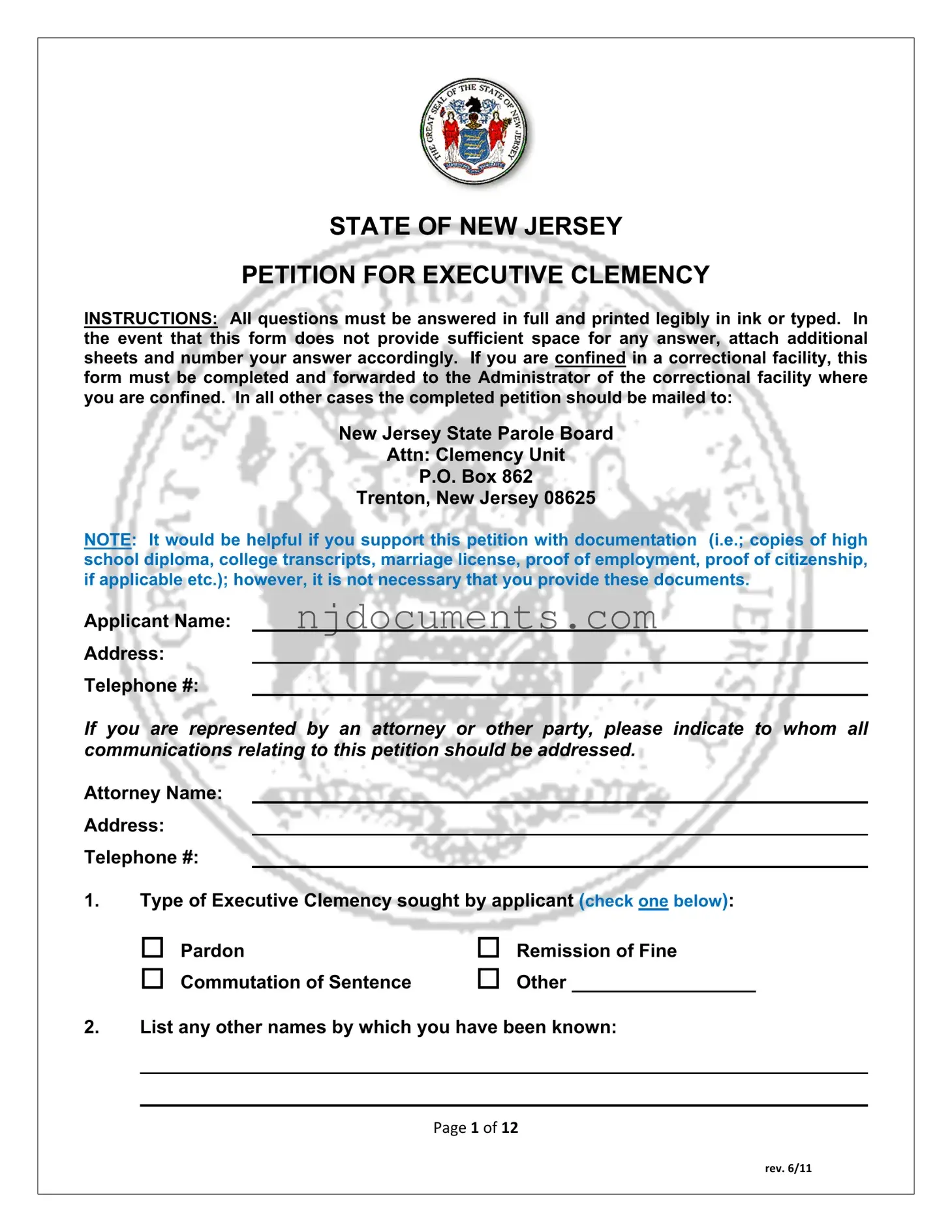 Free New Jersey Executive Clemency Form in PDF