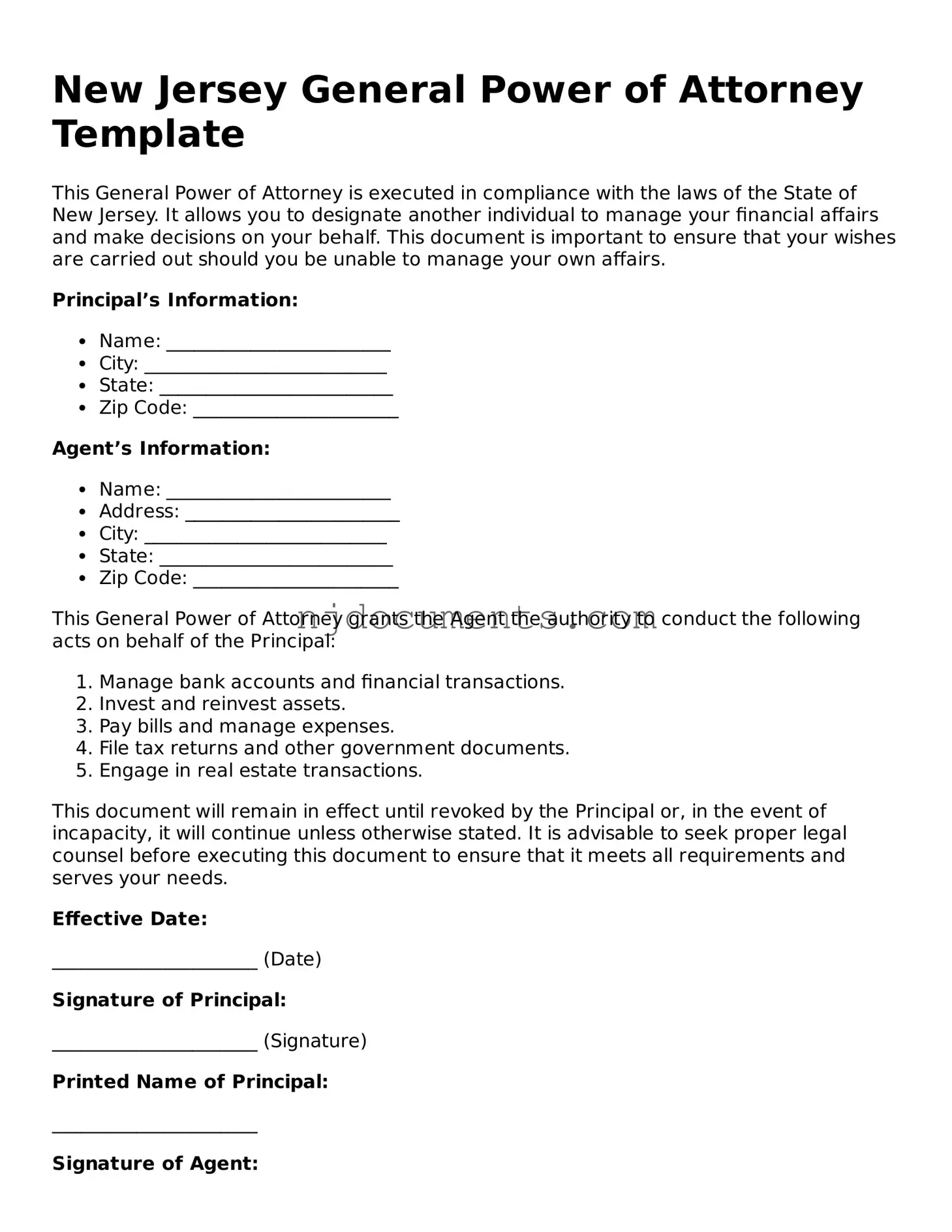 New Jersey General Power of Attorney Document