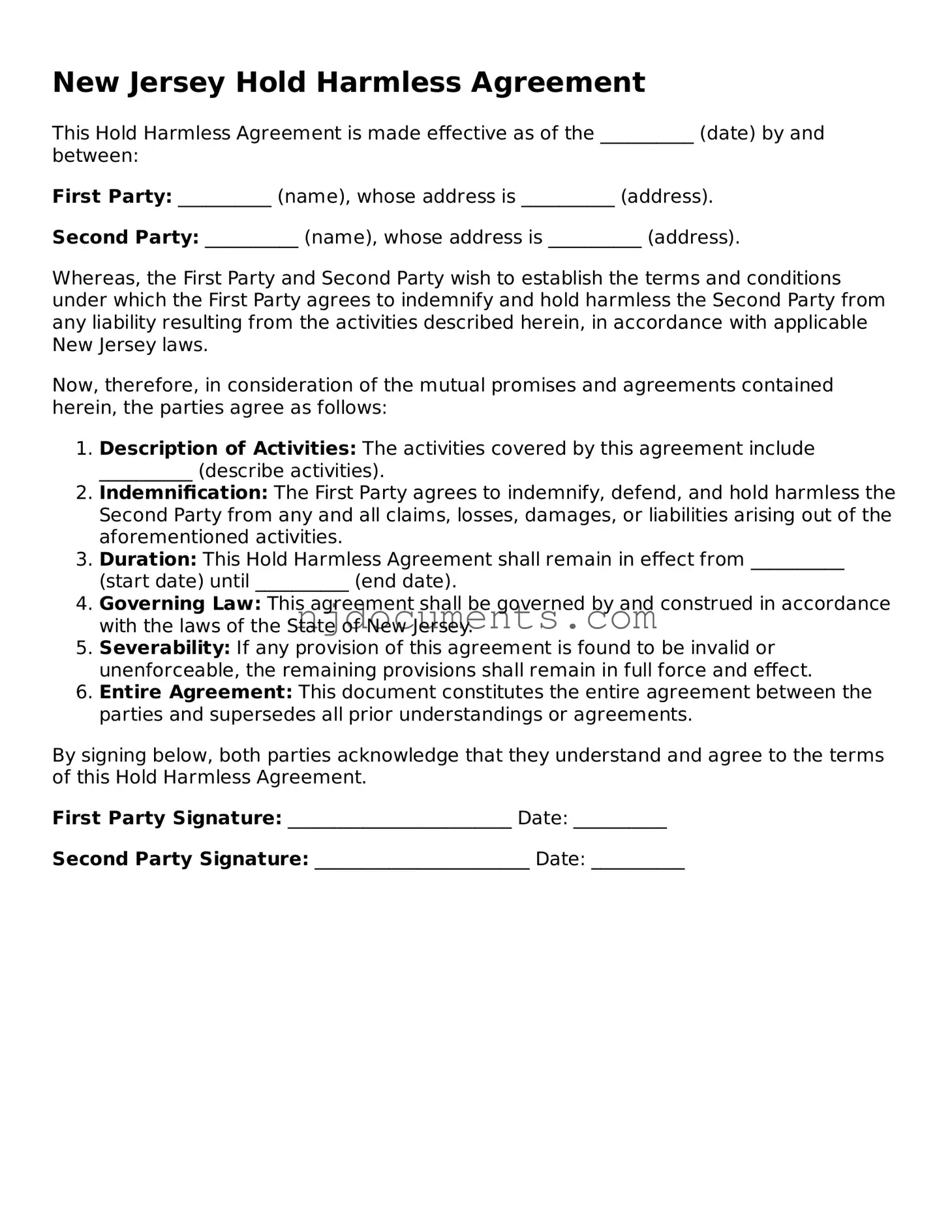 New Jersey Hold Harmless Agreement Document