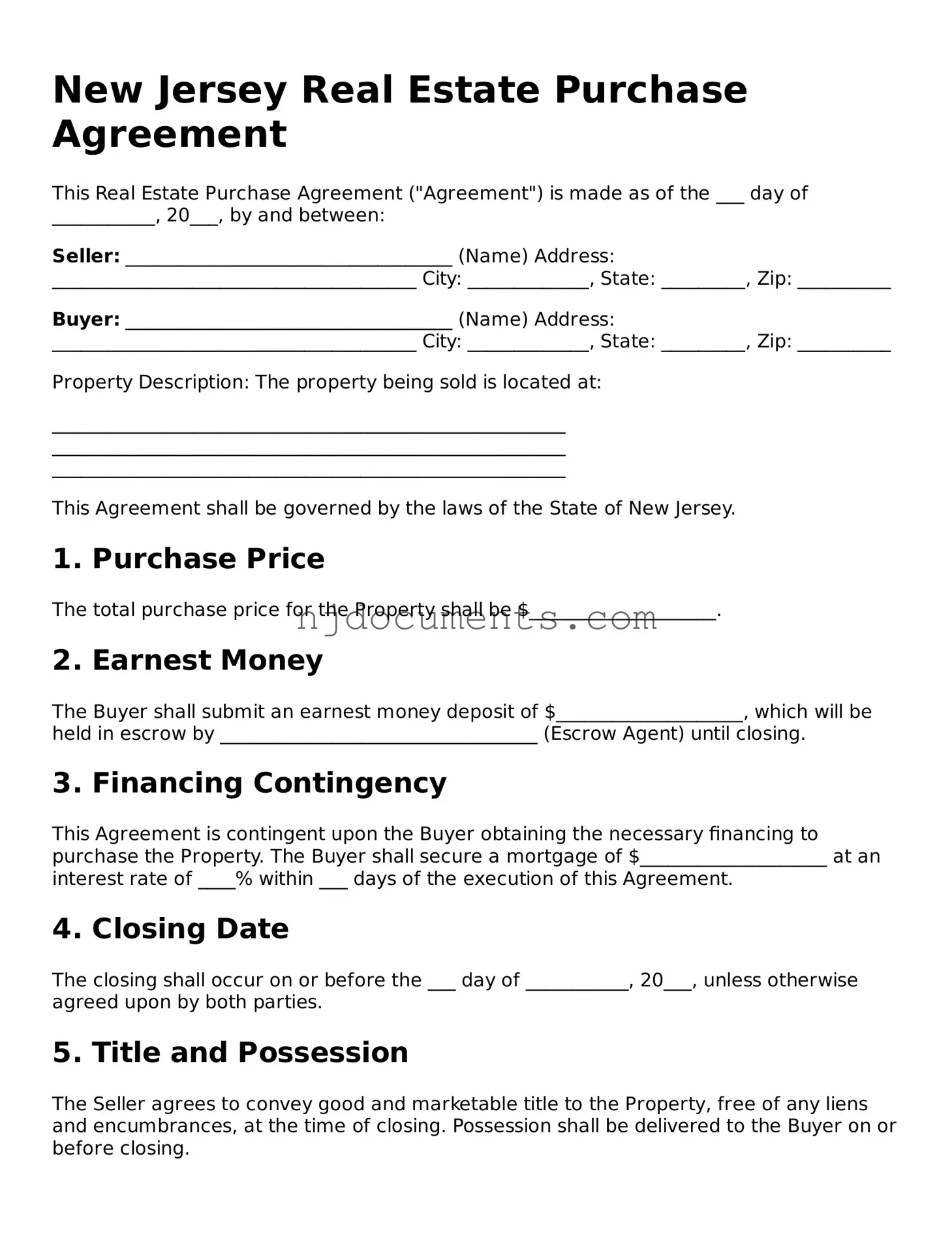 New Jersey Real Estate Purchase Agreement Document