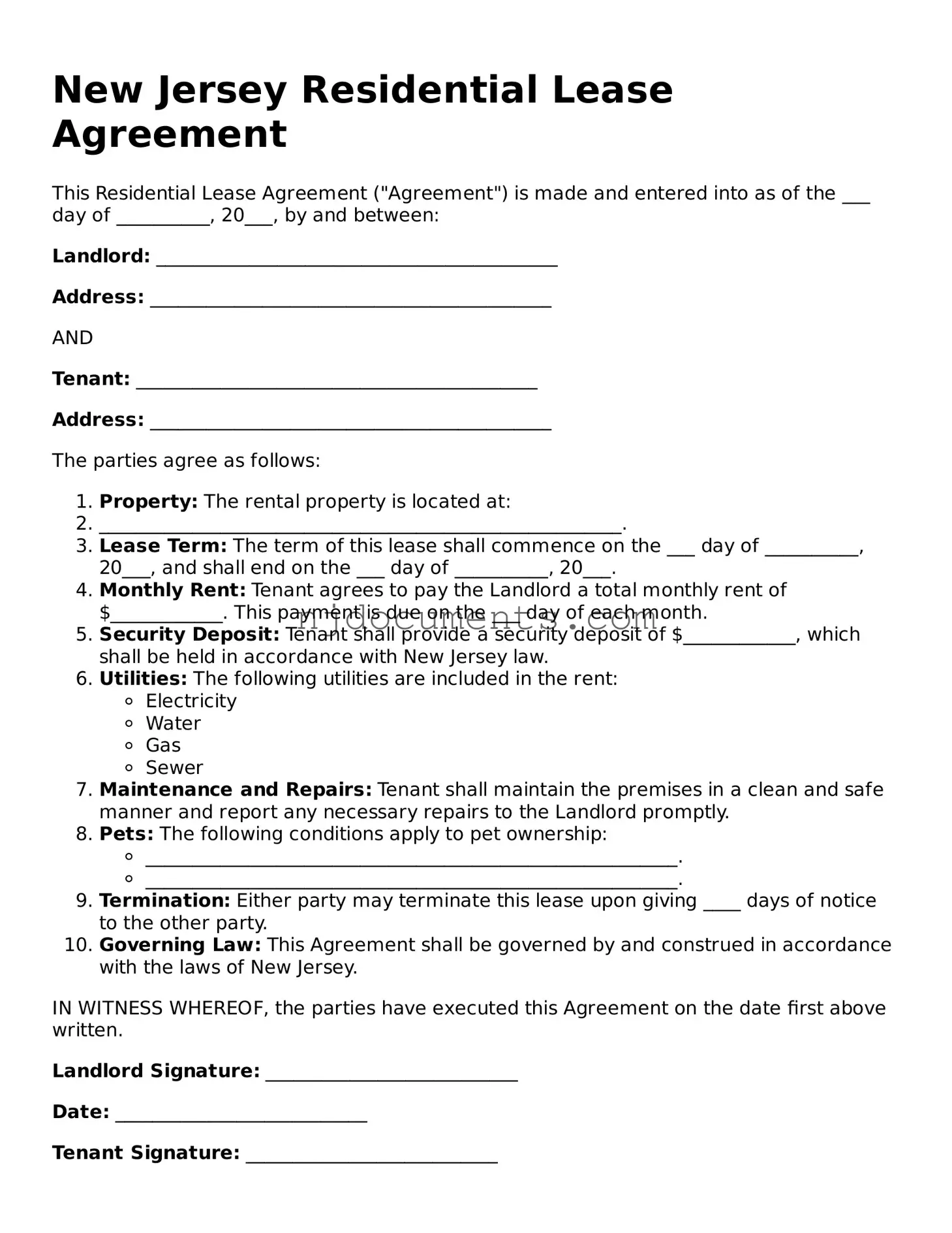New Jersey Residential Lease Agreement Document