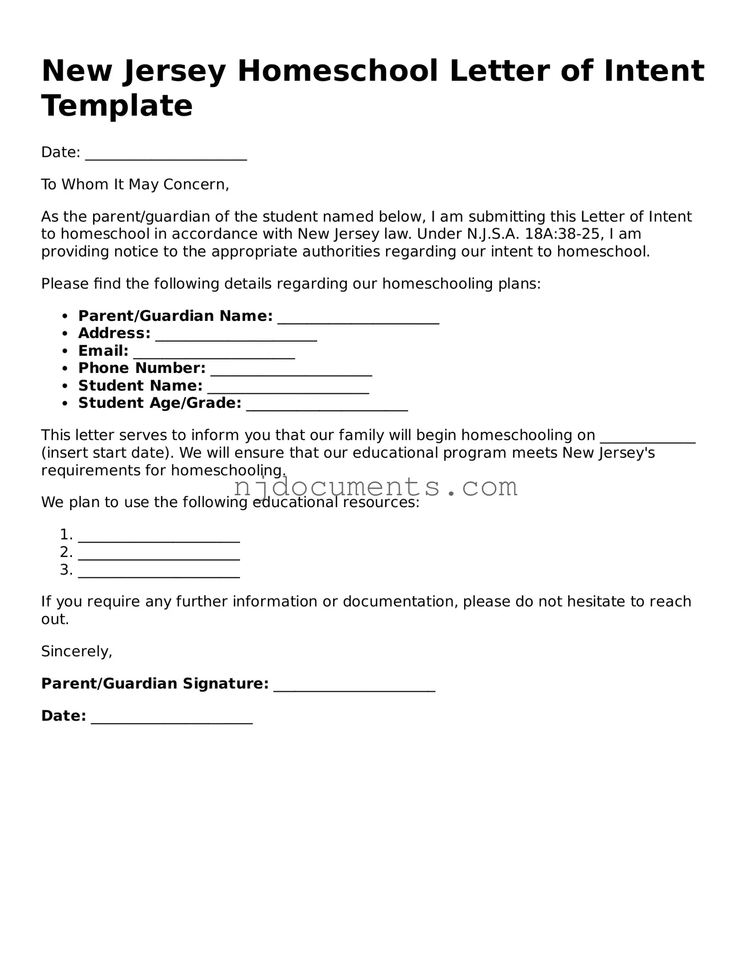New Jersey Homeschool Letter of Intent Document