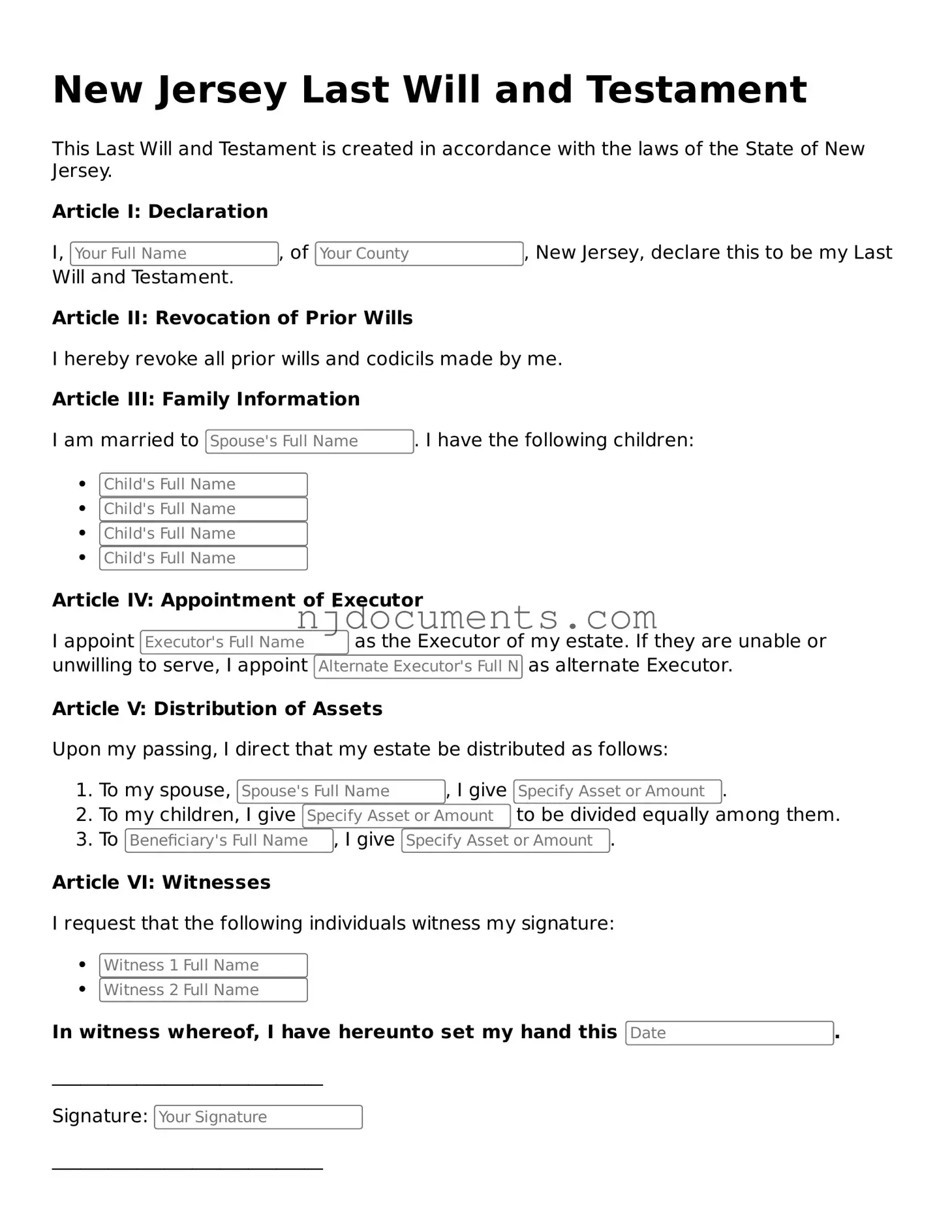 New Jersey Last Will and Testament Document