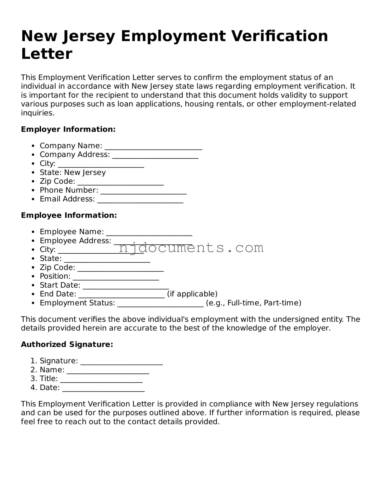 New Jersey Employment Verification Document
