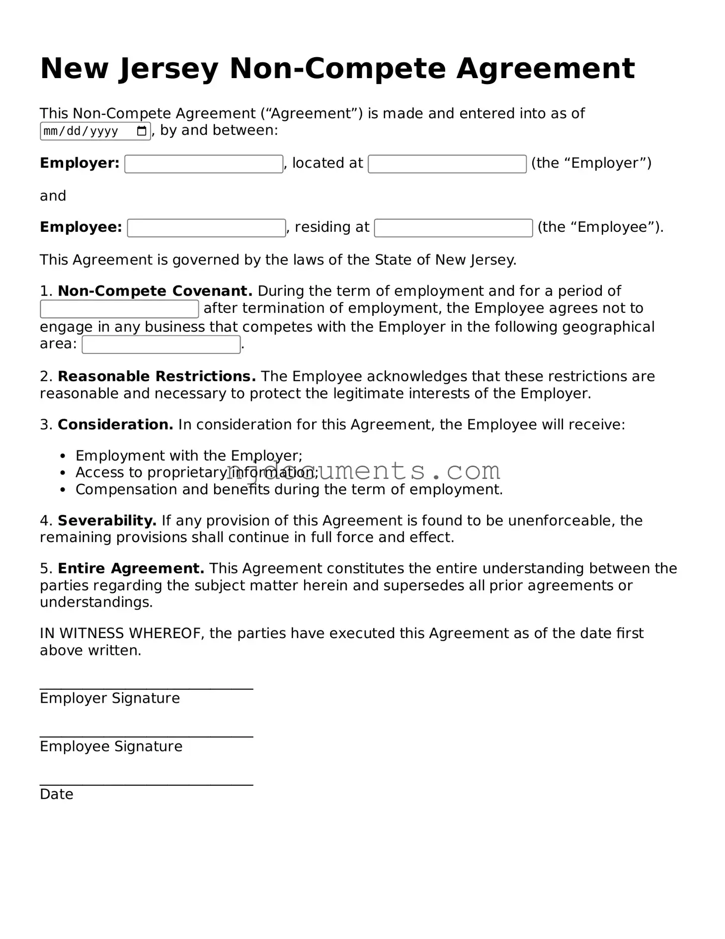 New Jersey Non-compete Agreement Document