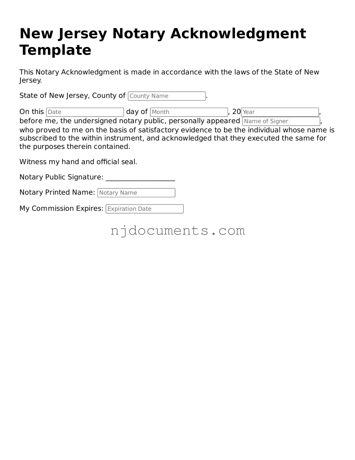 New Jersey Notary Acknowledgement Document
