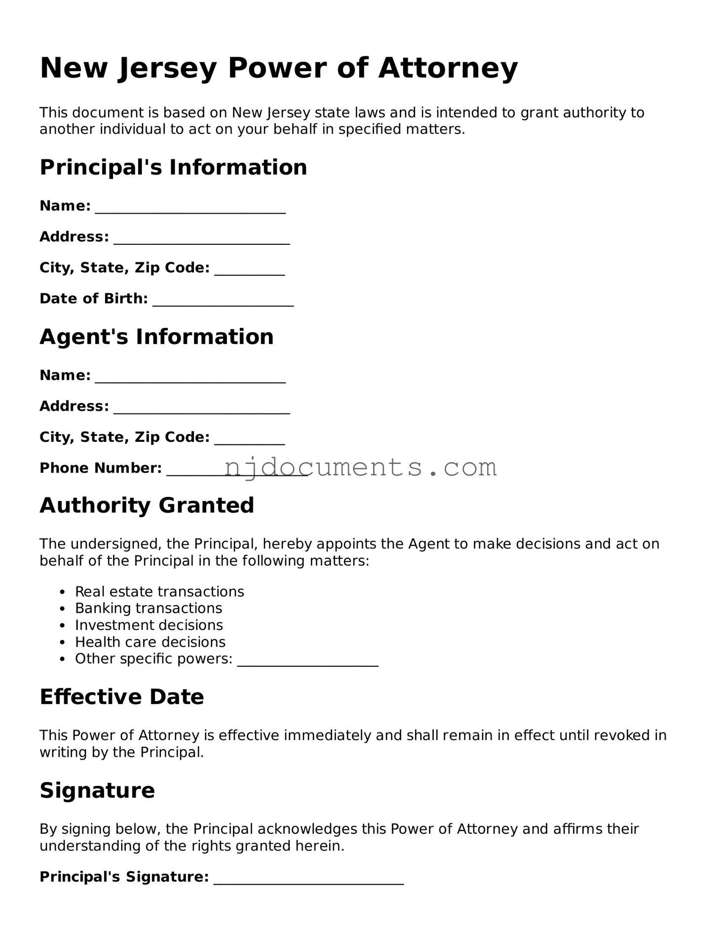 New Jersey Power of Attorney Document