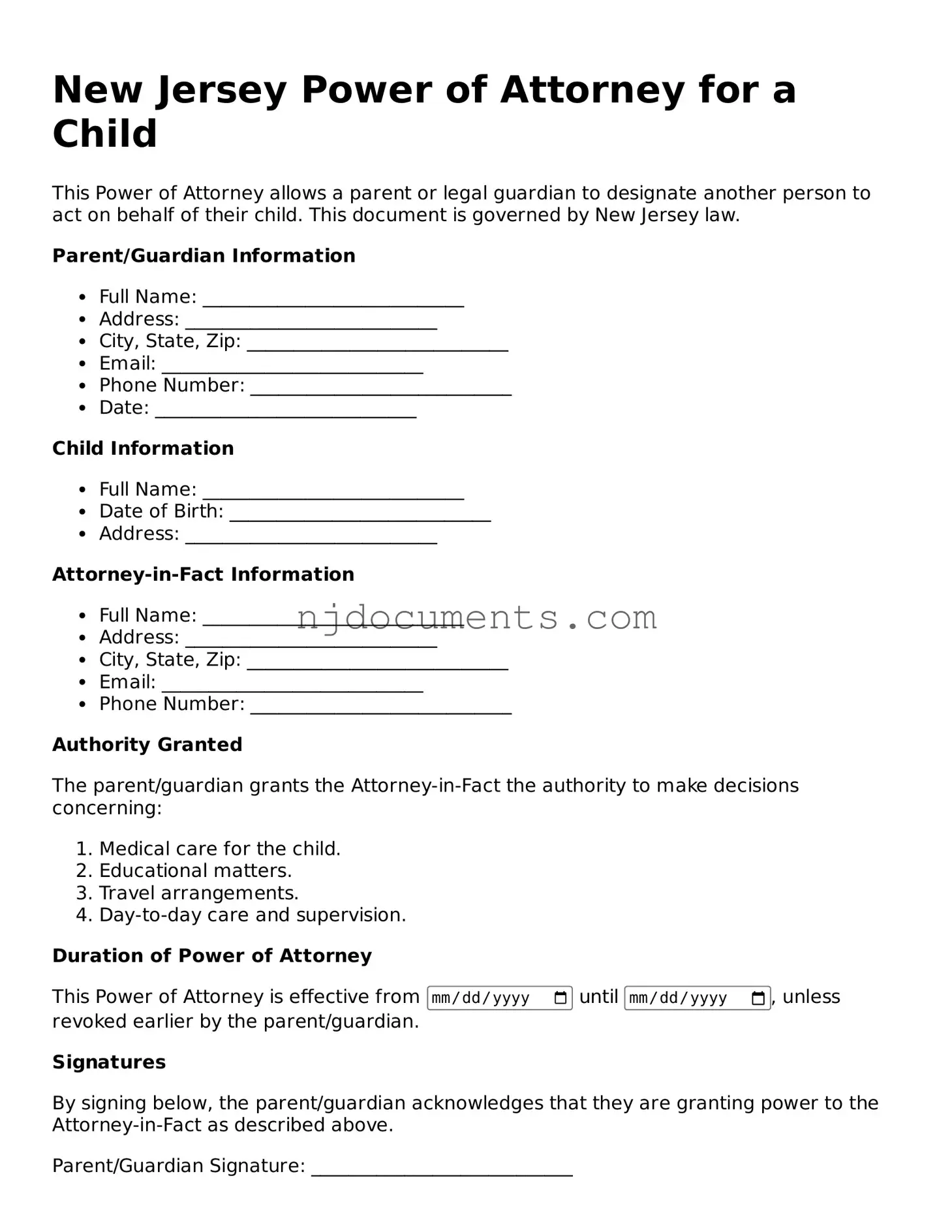 New Jersey Power of Attorney for a Child Document