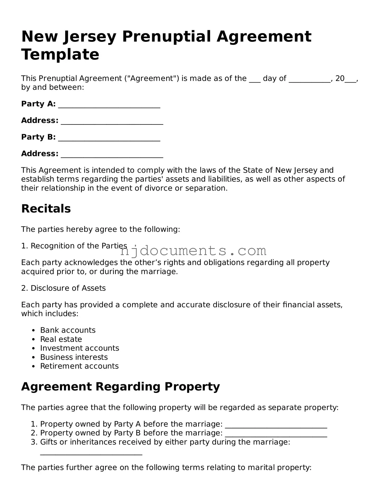 New Jersey Prenuptial Agreement Document