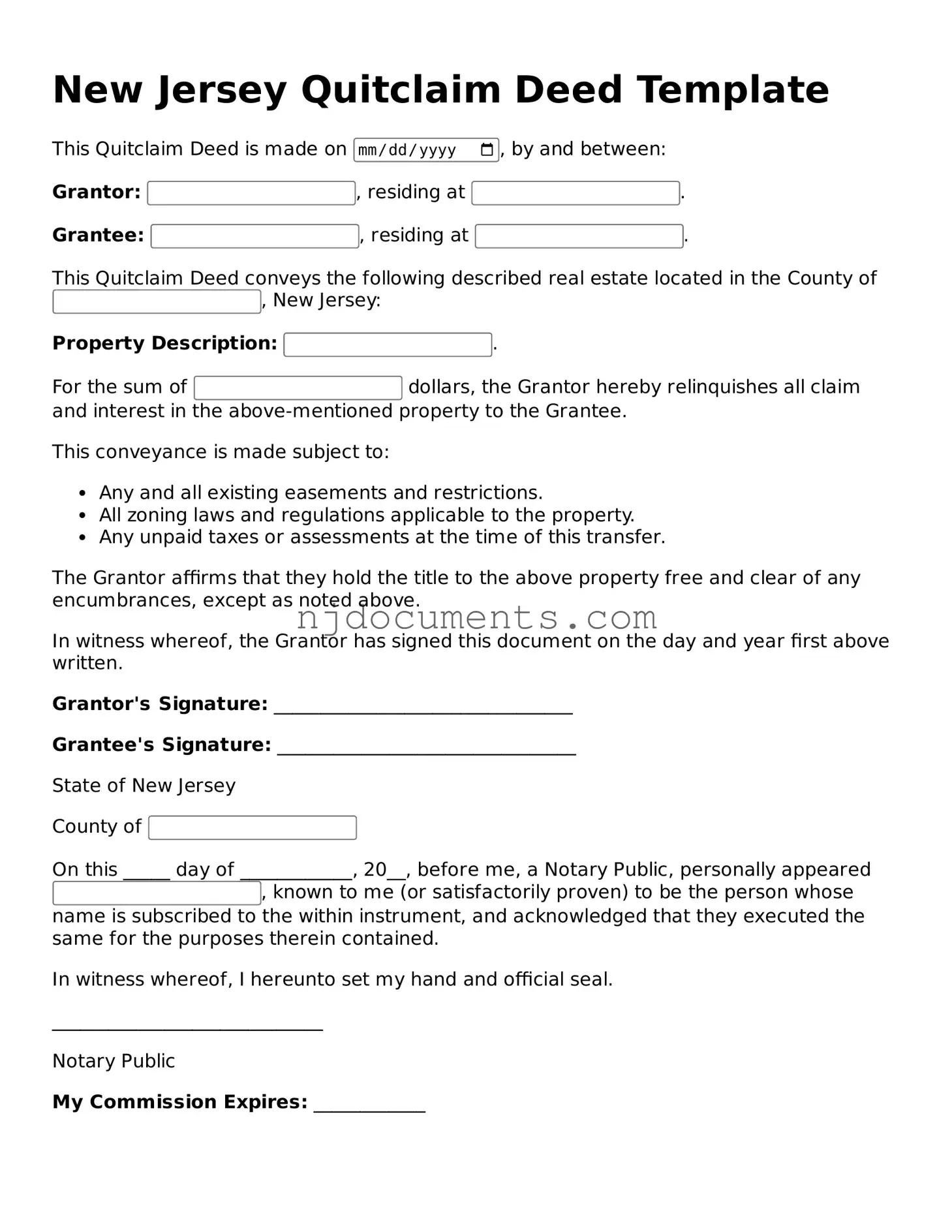 New Jersey Quitclaim Deed Document