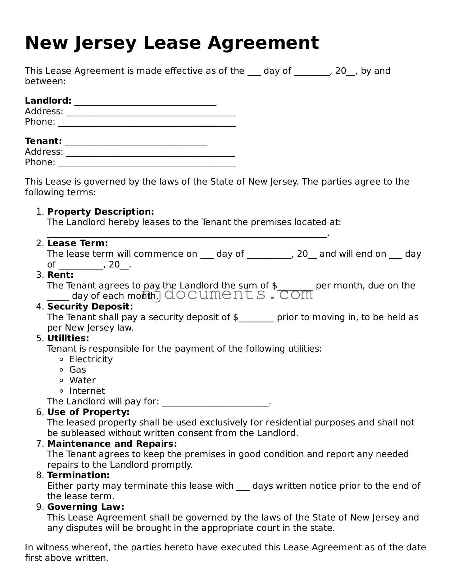 New Jersey Lease Agreement Document