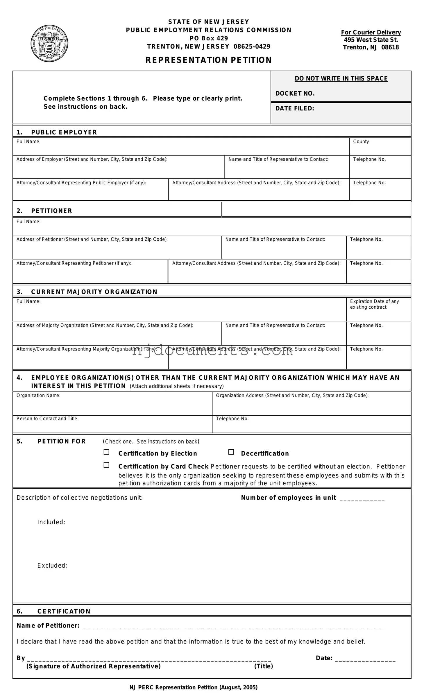 Free New Jersey Representation Petition Form in PDF