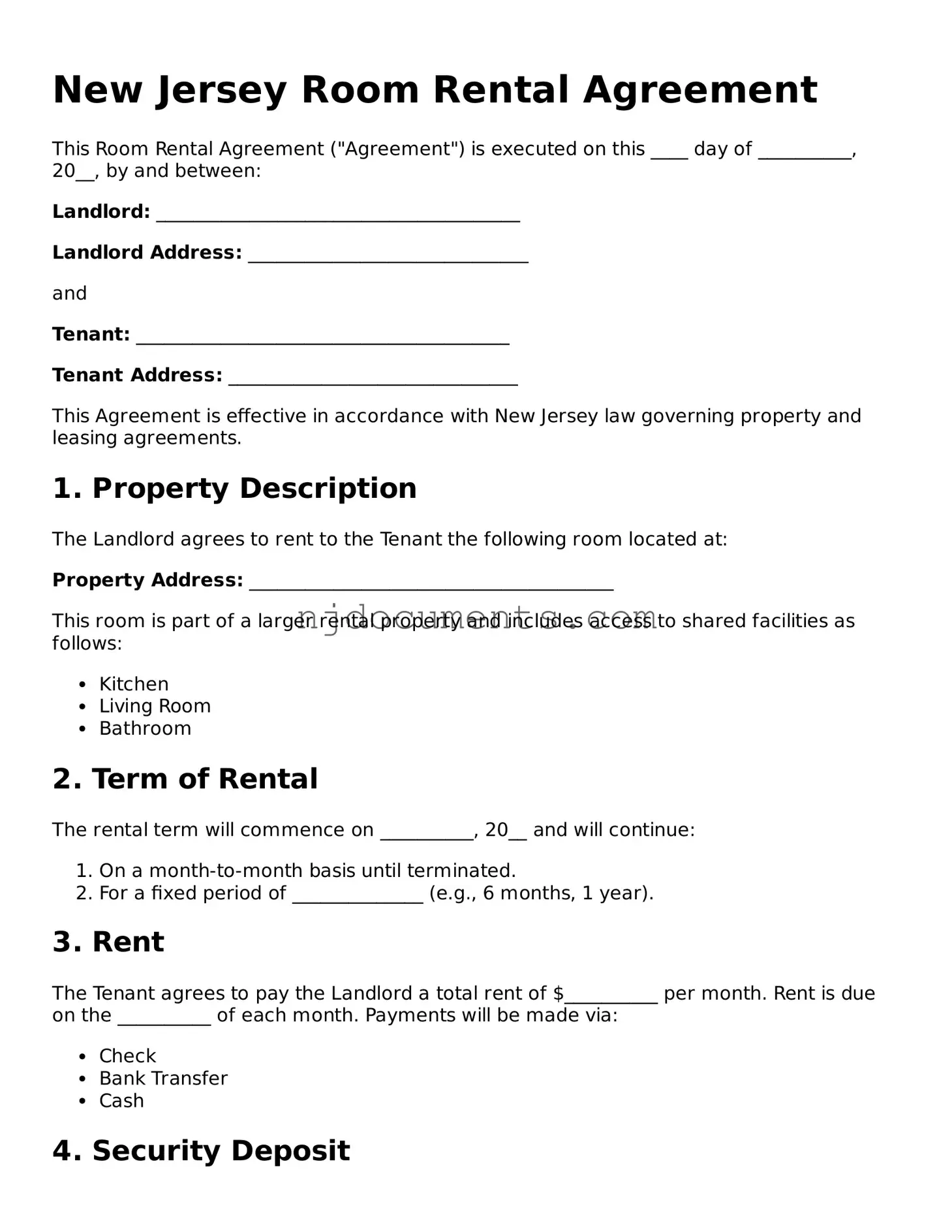 New Jersey Room Rental Agreement Document