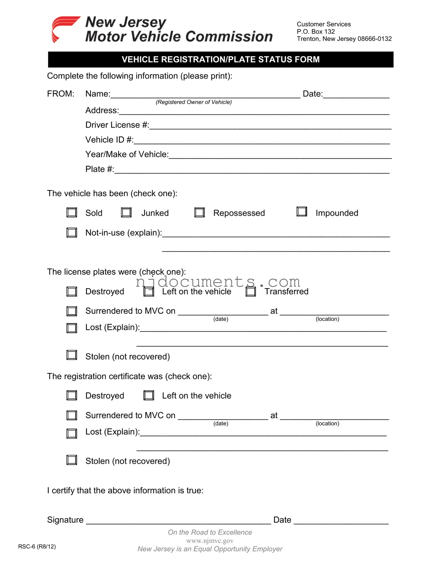 Free New Jersey Rsc 6 Form in PDF