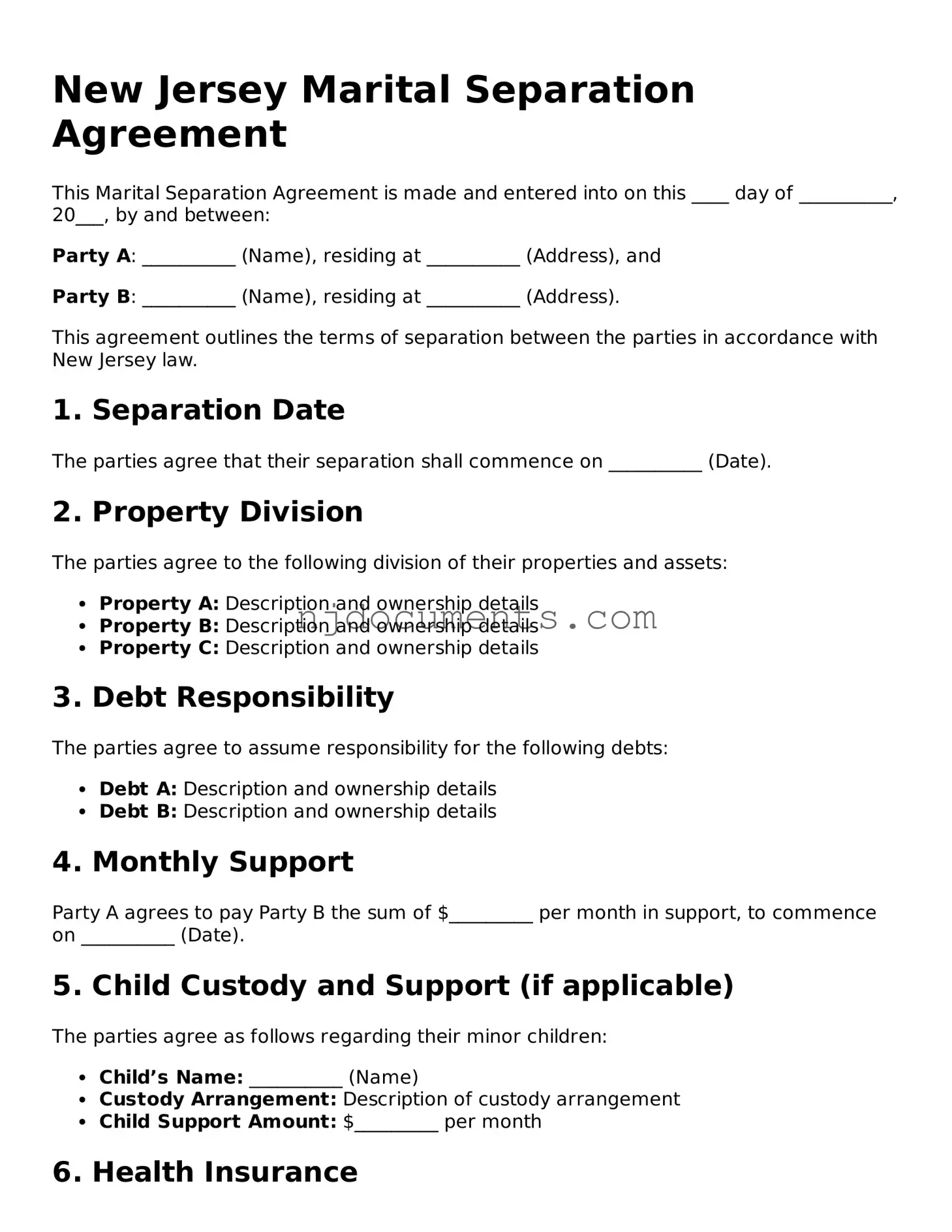New Jersey Marital Separation Agreement Document