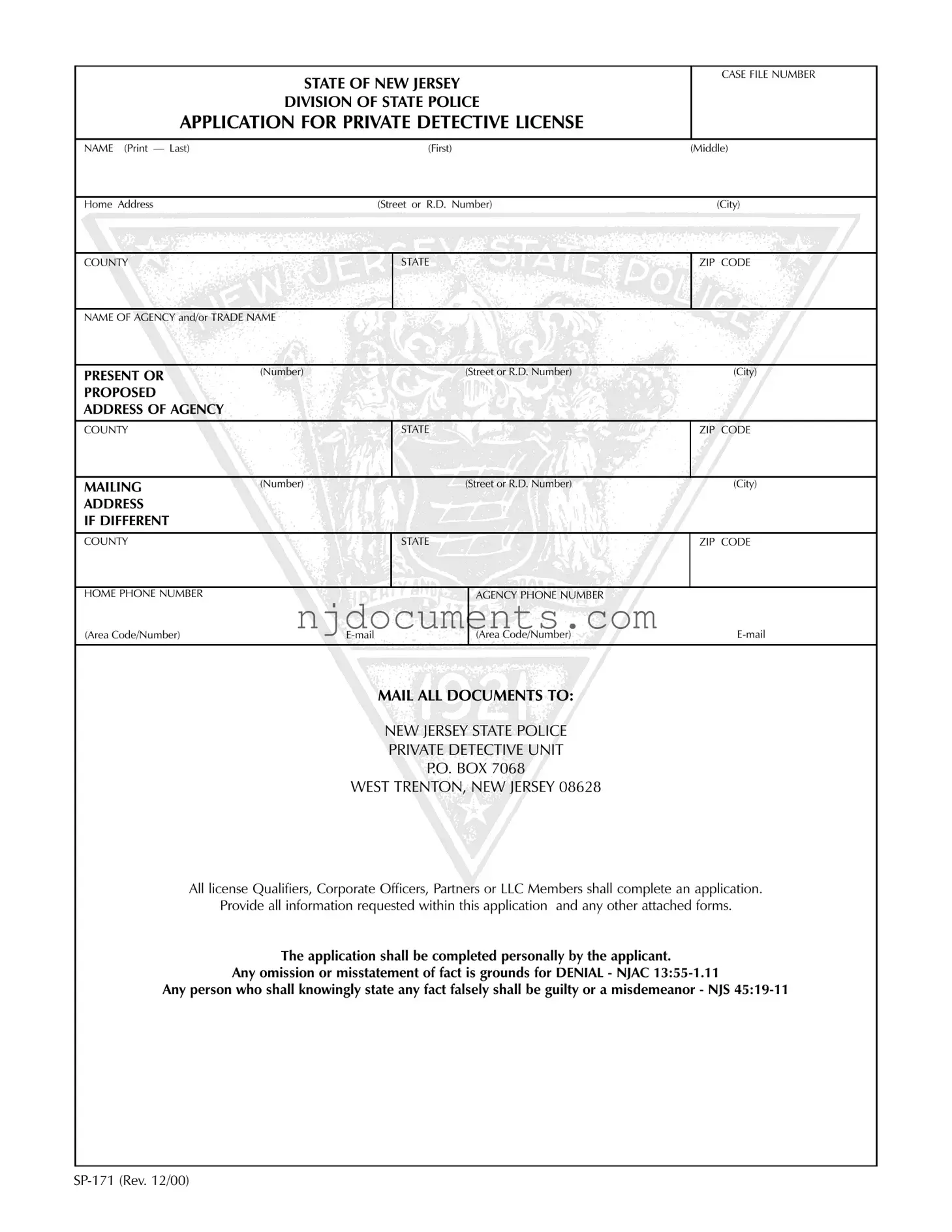 Free New Jersey Sp 171 Form in PDF