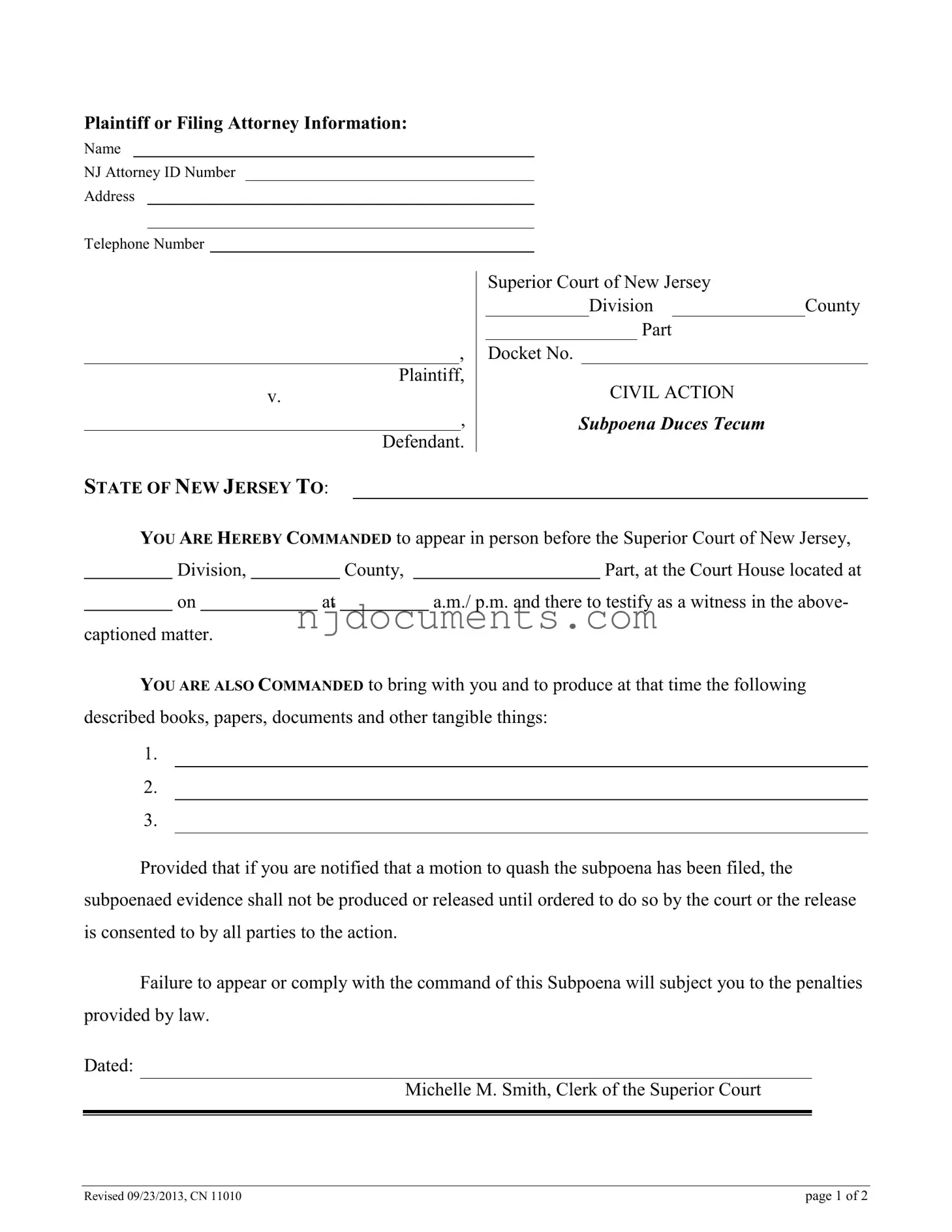 Free New Jersey Subpoena Form in PDF
