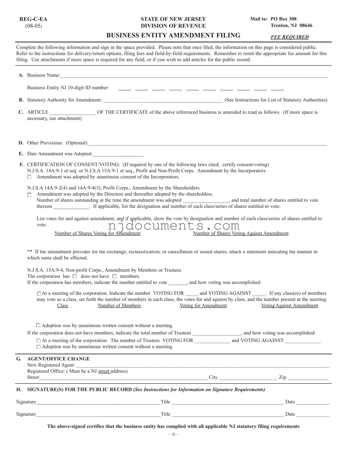 Free Reg C Ea New Jersey Form in PDF