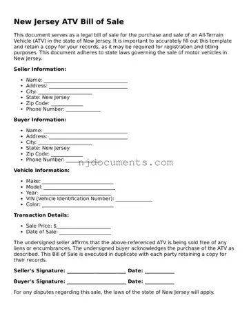 New Jersey ATV Bill of Sale Document