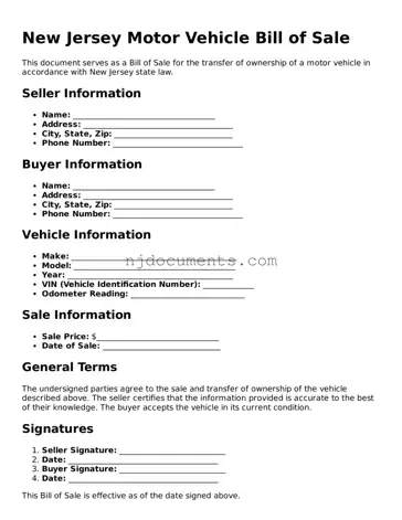 New Jersey Motor Vehicle Bill of Sale Document