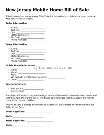 New Jersey Mobile Home Bill of Sale Document