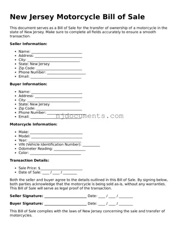 New Jersey Motorcycle Bill of Sale Document