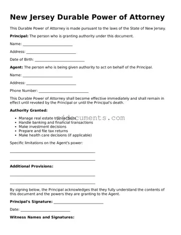 New Jersey Durable Power of Attorney Document