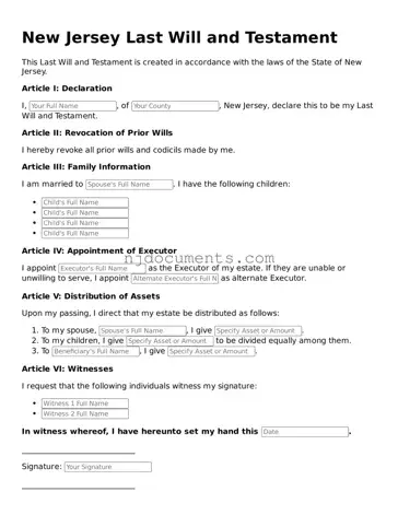 New Jersey Last Will and Testament Document