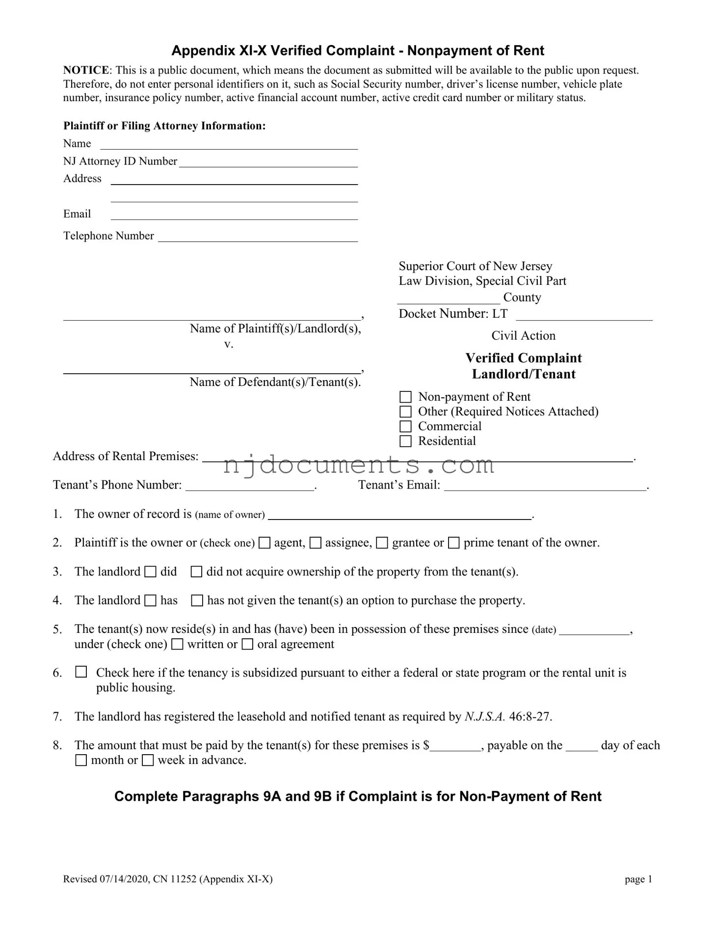 Free Verified Complaint Landlord Tenant New Jersey Form in PDF